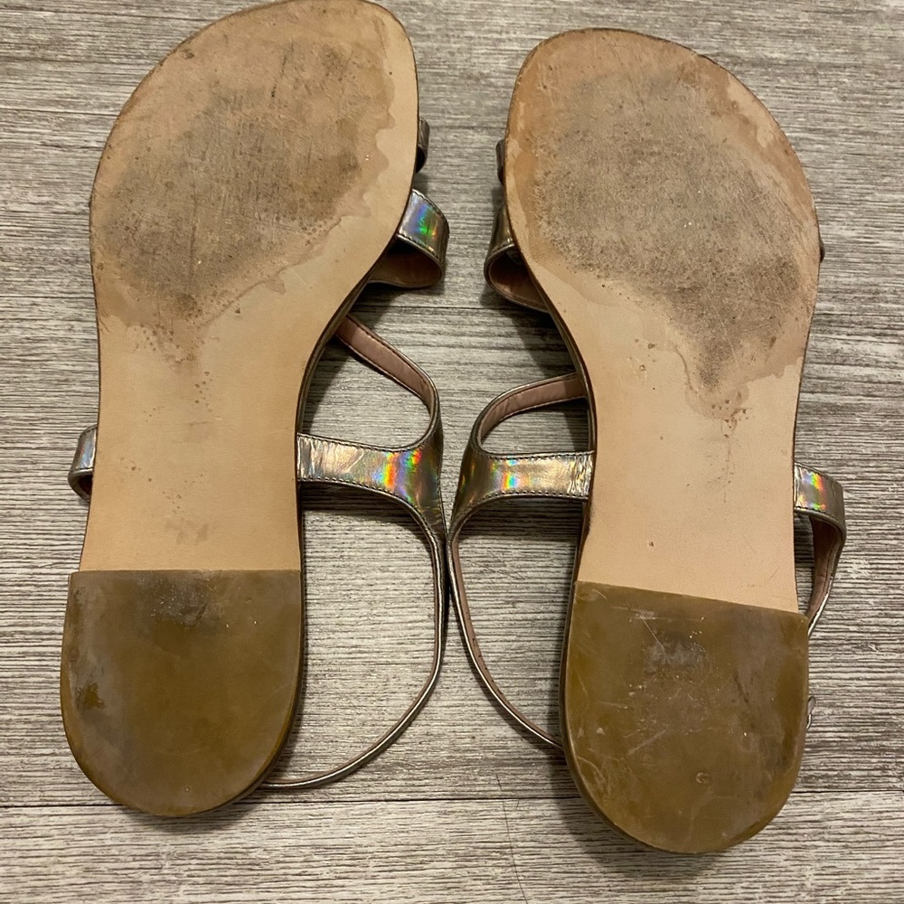 Stuart Weitzman pewter size 8M sandals W toe hold and back strap. Has tassels - Picture 11 of 13